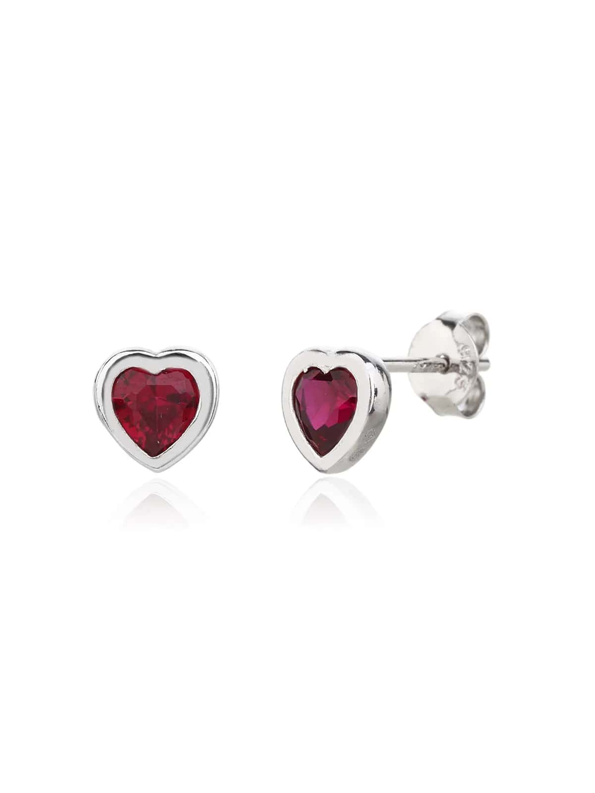 Pendientes de botón de corazón con circonitas rojas, plata de ley 925 con baño de rodio