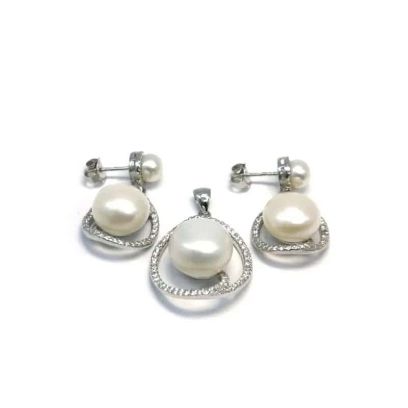 Pendientes colgantes de botón y colgante de plata con perlas y piedras blancas