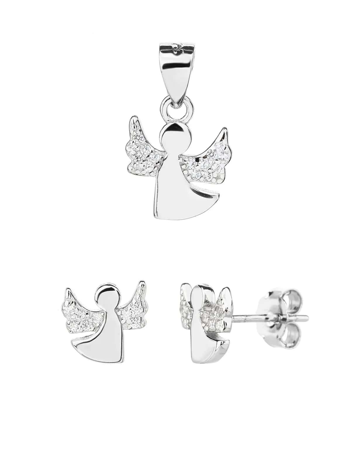 Conjunto de joyas con motivo de ángel, plata de ley 925 con baño de rodio (sin cadena)