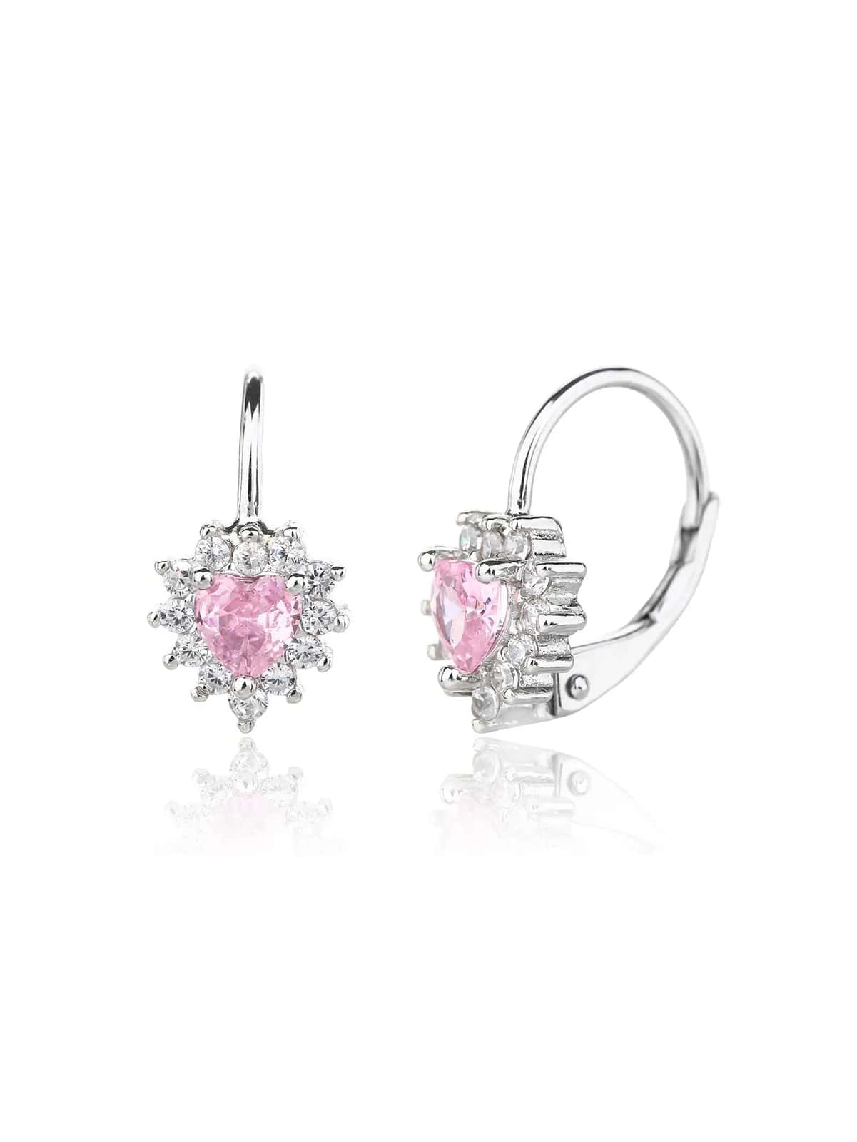 Pendientes de corazón con piedra rosa y circonitas, cierre a presión, plata de ley 925 con baño de rodio (1,3 × 0,7 cm)