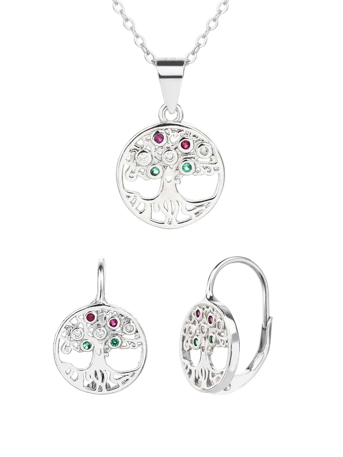 Conjunto Nemzeti Fény tricolor de colgante y pendientes árbol de la vida, plata de ley 925 con baño de rodio