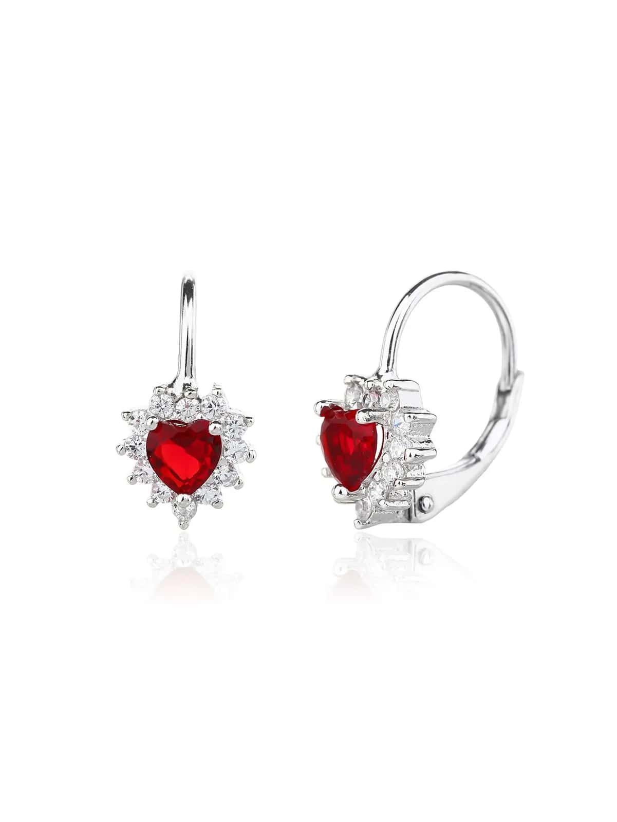 Pendientes de corazón con piedra roja y circonitas, cierre a presión, plata de ley 925 con baño de rodio (1,3 × 0,7 cm)