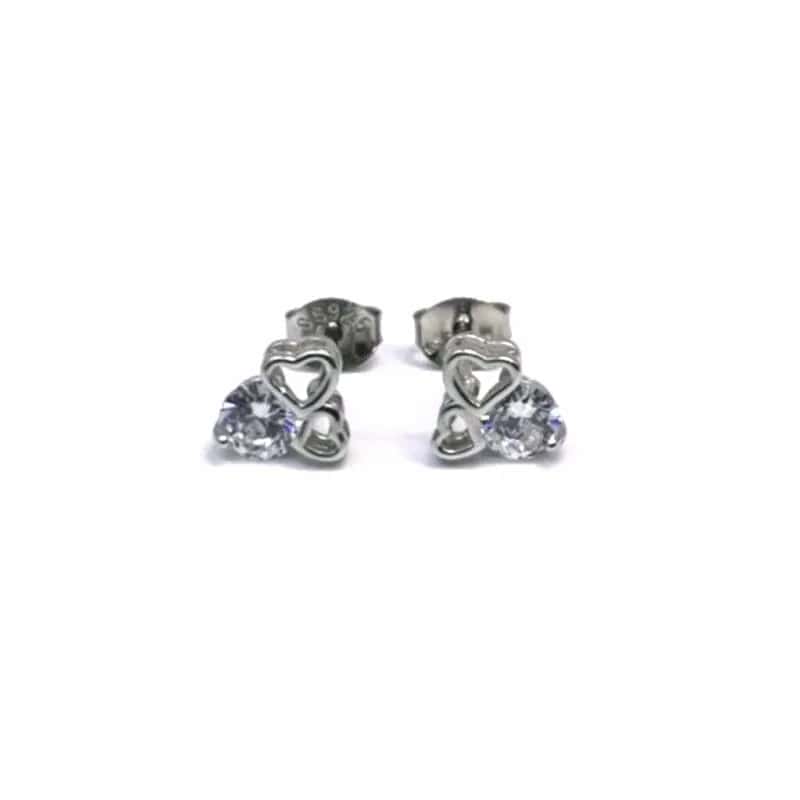 Pendientes de doble corazón de plata con piedras blancas