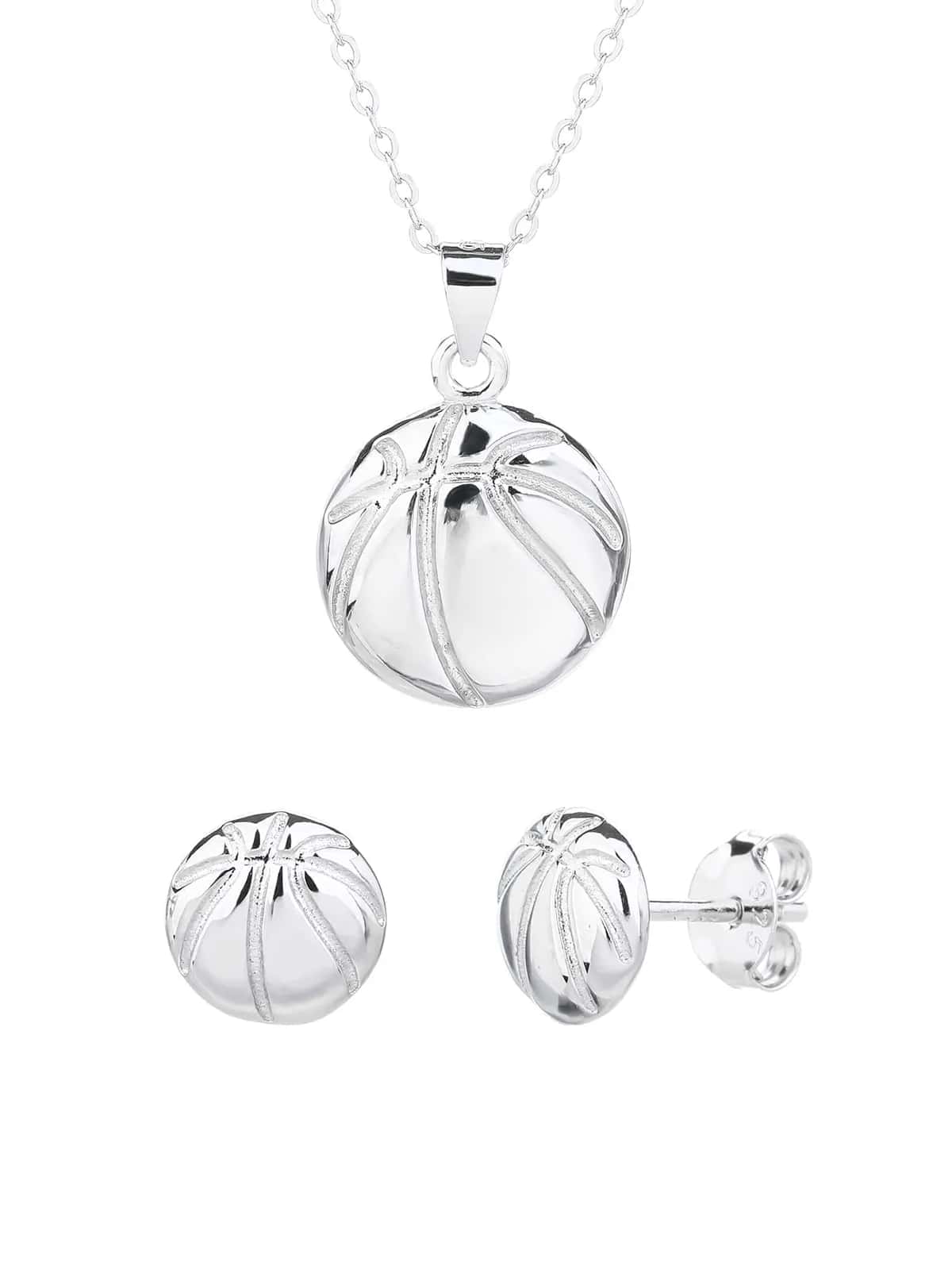 Conjunto de joyas de plata con balón de baloncesto