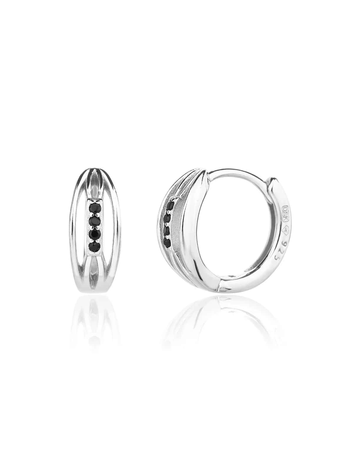 Pendientes de aro con hilera de piedras negras, plata de ley 925 con baño de rodio (1,3 × 0,5 cm)