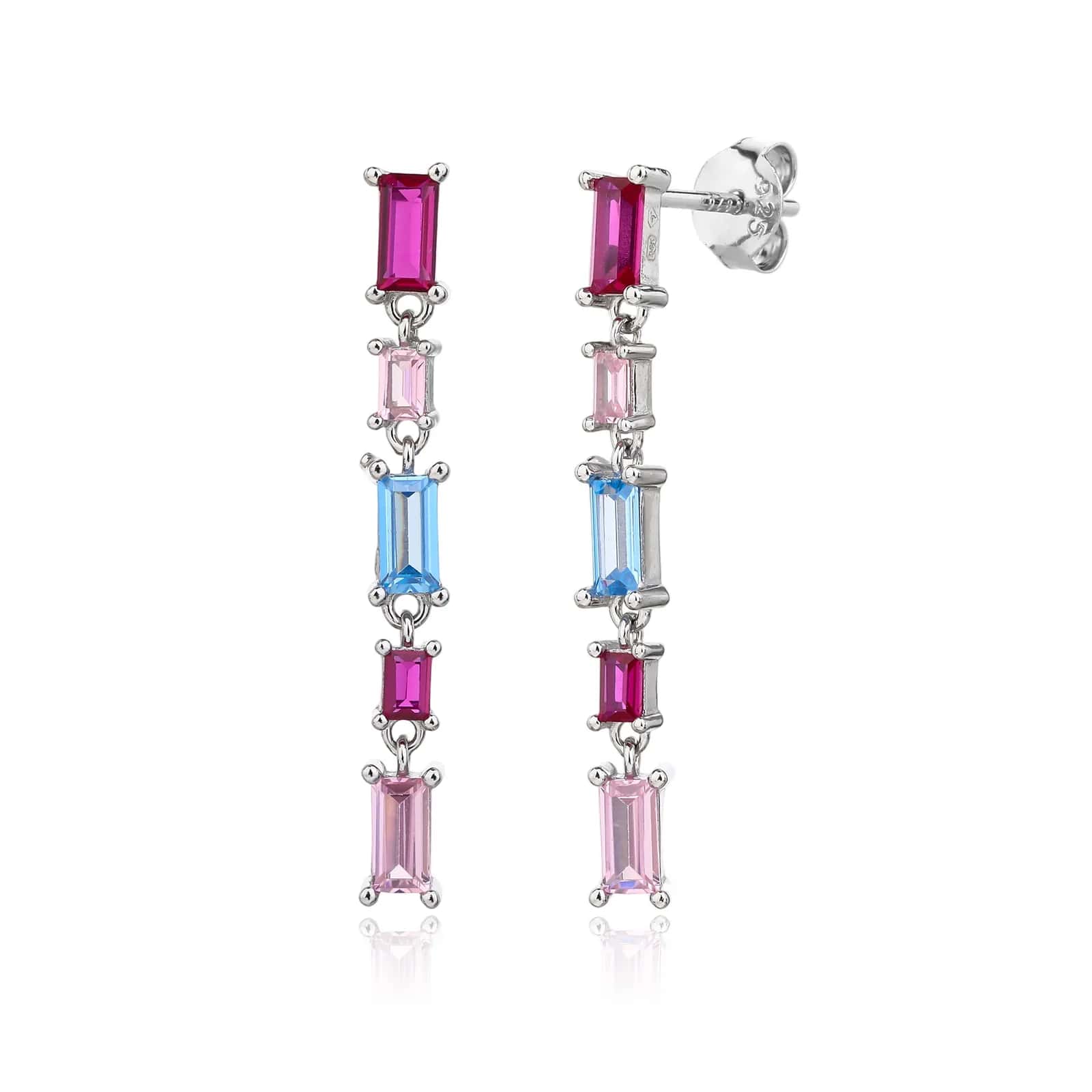Pendientes de botón con circonitas de colores talla baguette, plata de ley 925 con baño de rodio