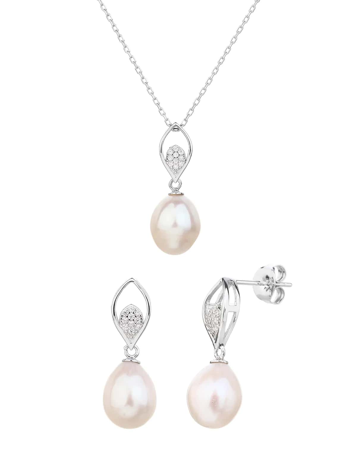 Conjunto de joyas con perlas blancas cultivadas de agua dulce y circonitas, plata de ley 925 con baño de rodio