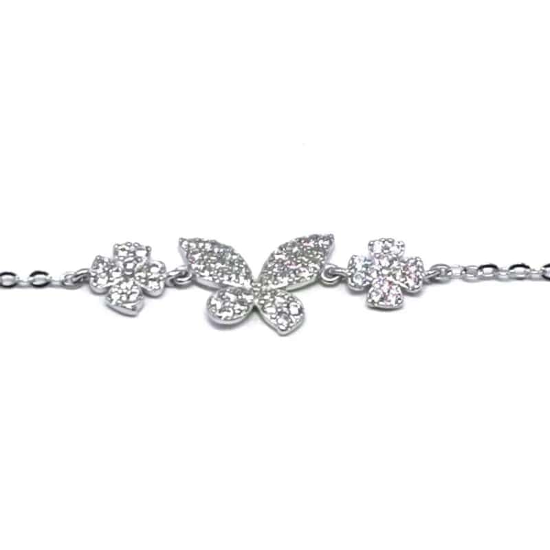 Pulsera de plata con mariposa, florecita y piedras blancas