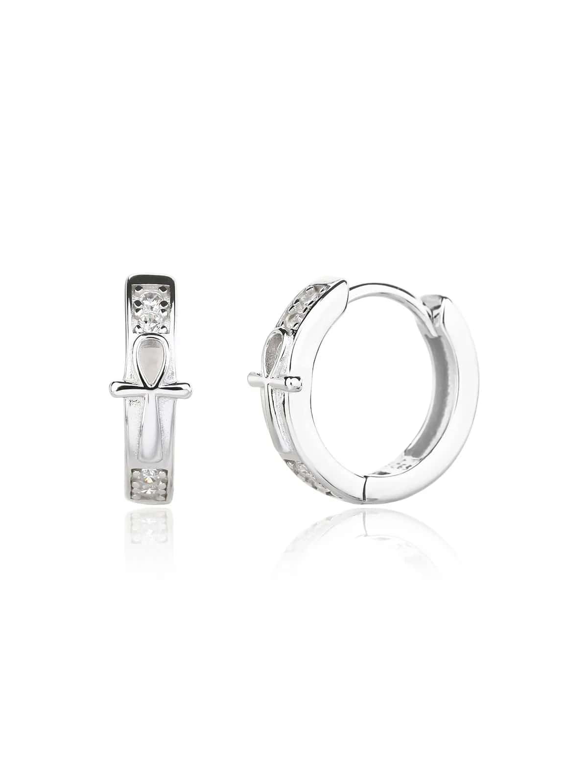 Pendientes de aro con cruz Ankh y circonitas, plata de ley 925 con baño de rodio (1,4 × 0,5 cm)